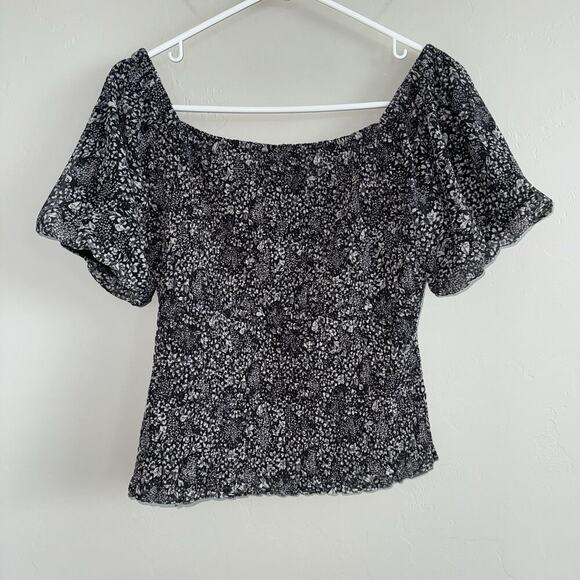 Anthropologie Aurelia Smocked Floral Top Woman S Black White Floral Off Shoulder - Picture 4 of 10